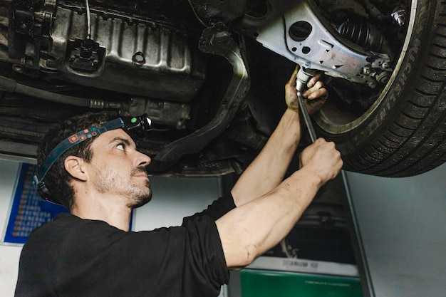 Réparateur installant une roue de voiture en atelier