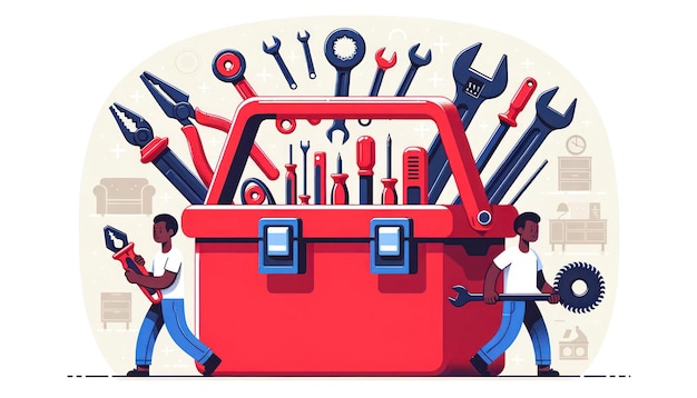 Photo réparateur avec des outils dans une boîte à outils rouge illustration en style plat ia générative