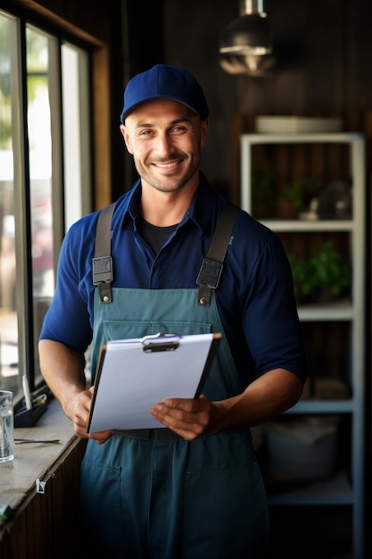 Un réparateur en uniforme tient une tablette alors qu'il se tient près de la fenêtre.