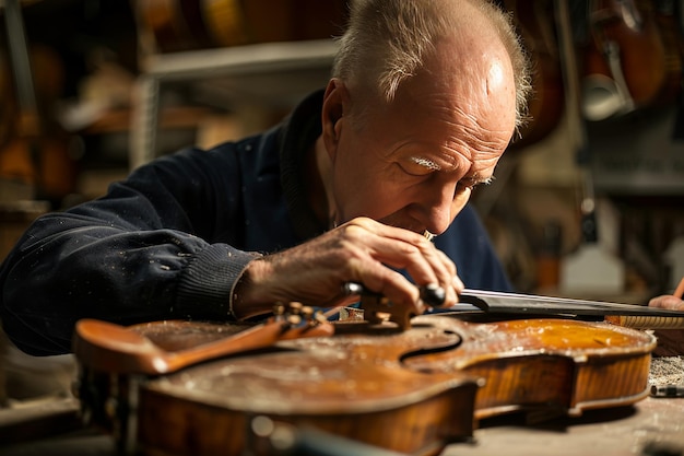 Un réparateur de violon réparant un pont de violon mettant en évidence les compétences de réparation de violon