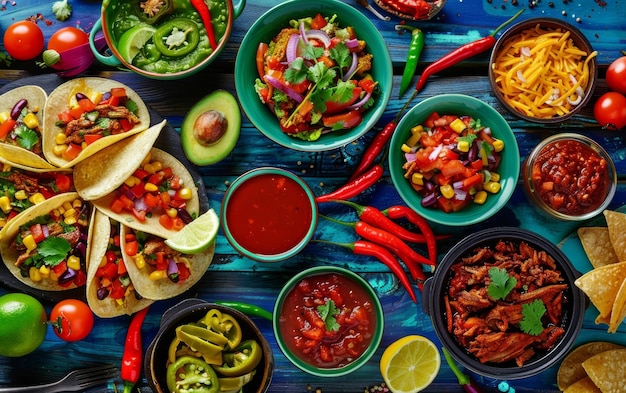 Photo une répartition dynamique de divers plats mexicains, y compris des tacos, de la salsa, du guacamole, des haricots, des poivrons et d'autres ingrédients colorés, créant un spectacle culinaire appétissant et authentique.