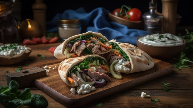 Un repas avec un chiffon bleu sur la table