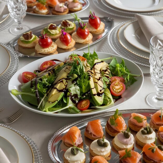 Photo des repas délicieux comme des salades et des canapes sur la table.