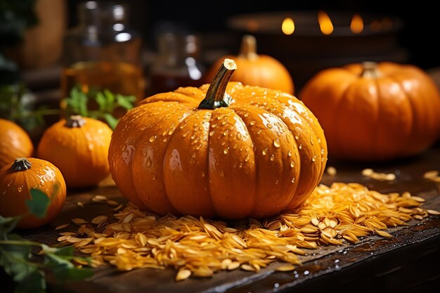 Repas du jour de Thanksgiving avec des oranges à la citrouille ou du poulet rôti au four sous forme de nourriture de Thanksgiving