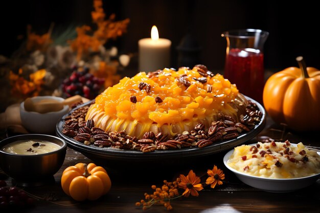 Repas du jour de Thanksgiving avec des oranges à la citrouille ou du poulet rôti au four sous forme de nourriture de Thanksgiving