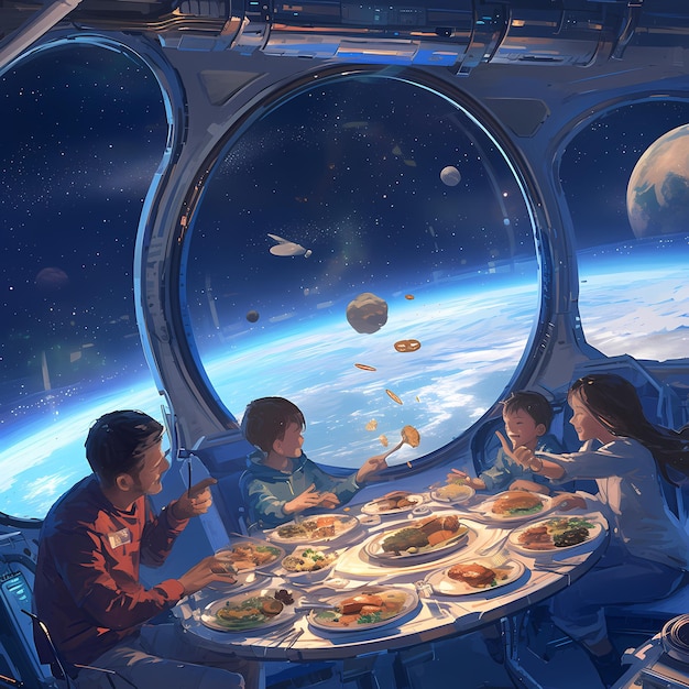 Un repas familial dans l'espace Une expérience culinaire hors de ce monde