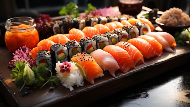 Repas de fruits de mer frais Maki sushi sashimi nigiri et California roll