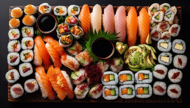 Un repas de fruits de mer gourmet Maki sushi nigiri et une assiette de rouleaux californiens générés par l'IA