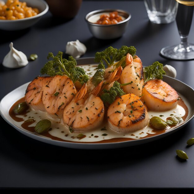 Photo repas de fruits de mer sur plateau avec crevettes grillées, pétoncles poêlés et sauce crémeuse