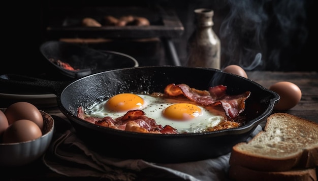 Un repas gastronomique de bacon de porc frit et d'œufs cuits rustique généré par l'IA