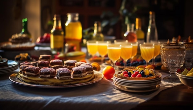 Photo un repas gastronomique de desserts sucrés aux fruits frais et de boissons générées par l'ia