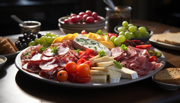 Photo un repas gastronomique prosciutto pain fraîcheur tomate raisin variation générée par l'intelligence artificielle