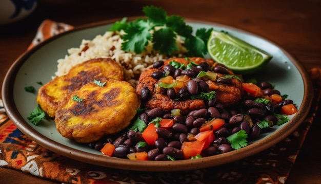 Photo repas gastronomique sain viande grillée légumes frais et taco guacamole maison généré par l'ia