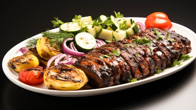 Repas gastronomique sain avec de la viande grillée et des légumes frais