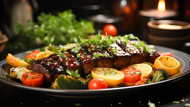 Repas gastronomique sain avec de la viande grillée et des légumes frais