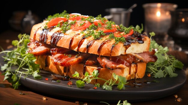 Un repas gastronomique sandwich au porc grillé sur une plaque de bois