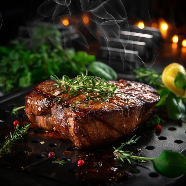 Repas gastronomique de steak grillé cuit aux herbes juteuses rusti