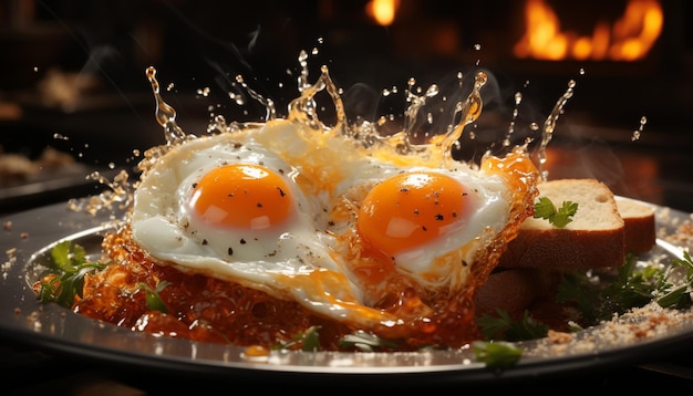 Photo un repas gourmet fraîchement cuit, du porc grillé avec des œufs frits générés par l'intelligence artificielle.