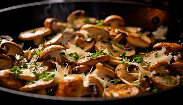 Photo un repas gourmet sain à base de champignons frais grillés cuit avec une concentration sélective générée par l'ia