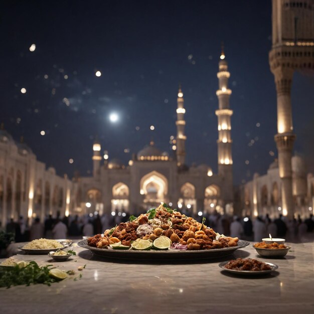 Un repas iftar décoré au centre d'un fond flou de la mosquée la nuit