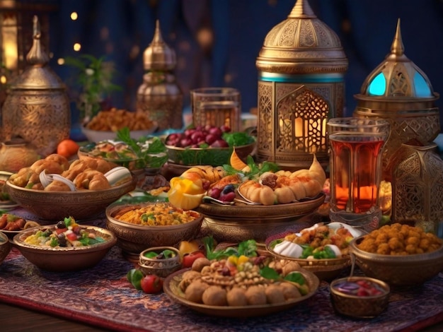 repas d'iftar traditionnel du Ramadan Kareem avec un assortiment de délicieux aliments et boissons générés par l'IA