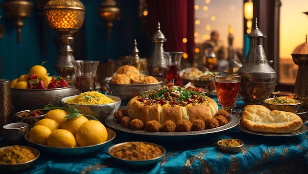repas d'iftar traditionnel du Ramadan Kareem avec un assortiment de délicieux aliments et boissons générés par l'IA