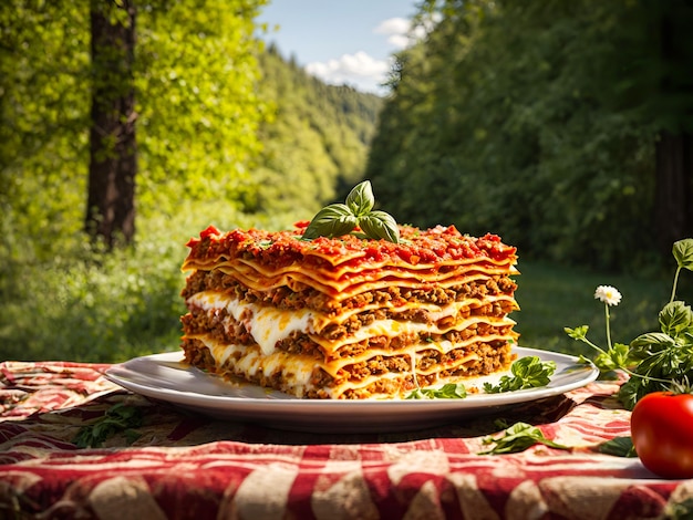 Photo un repas de lasagne italien géant au milieu de la nature