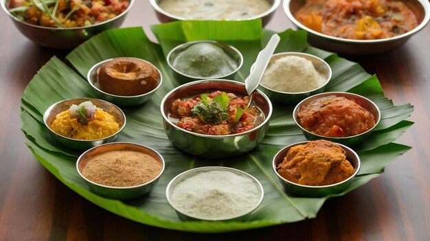 Photo un repas ou une nourriture traditionnel du sud de l'inde servi sur un grand plateau de nourriture à feuilles de banane ou un thali complet