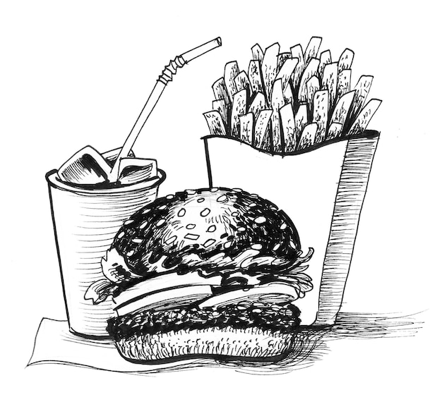Repas de restauration rapide. Dessin noir et blanc à l'encre