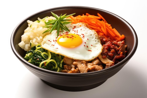 Un repas de riz bibimbap abondant isolé sur un fond blanc