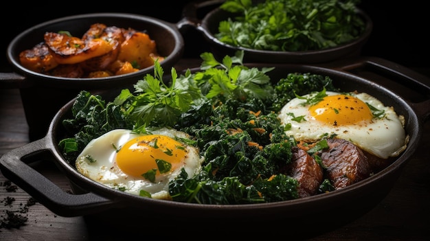 Un repas rustique avec un plat mijoté servi dans trois poêles la notion de préparation et de manger