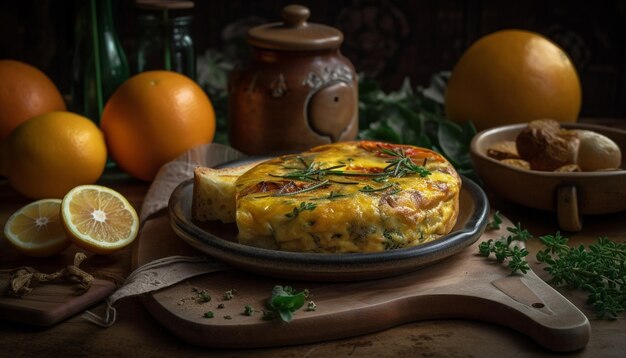 Repas rustique sur table en bois avec des ingrédients frais générés par l'IA