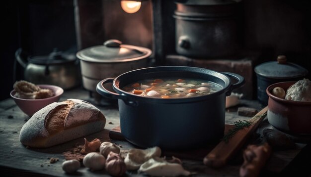 Photo repas rustique sur table en bois avec soupe maison générée par ia