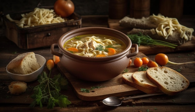 Repas sain Soupe aux légumes Pain et herbes fraîches générés par l'IA