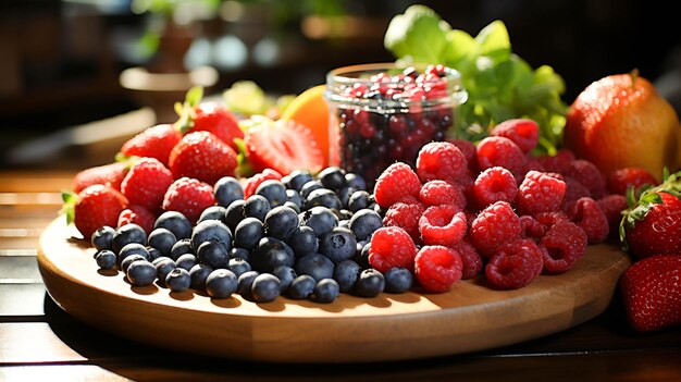 Repas sain sur une table en bois avec des fruits frais et des myrtilles