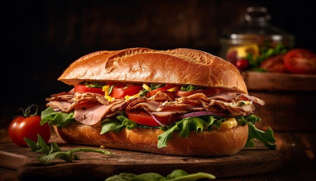 Repas sandwich ciabatta à la viande grillée et aux légumes généré par l'IA