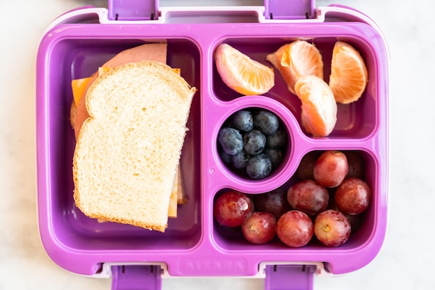 Repas scolaire sain emballé dans une boîte à bento pour une petite fille.