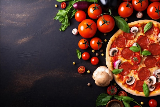 repas de table pizza nourriture italienne fast food noir fromage copie tomate fond spatial IA générative