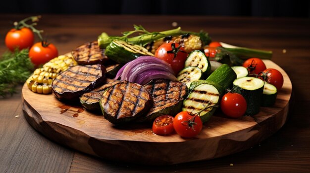 Photo repas végétarien grillé sur une assiette en bois frais et sain