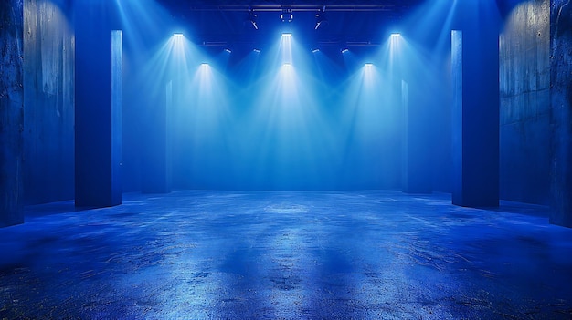 Répertoire sur une scène vide Lumière bleue brillante dans une pièce sombre Arrière-plan abstrait pour l'événement et la performance