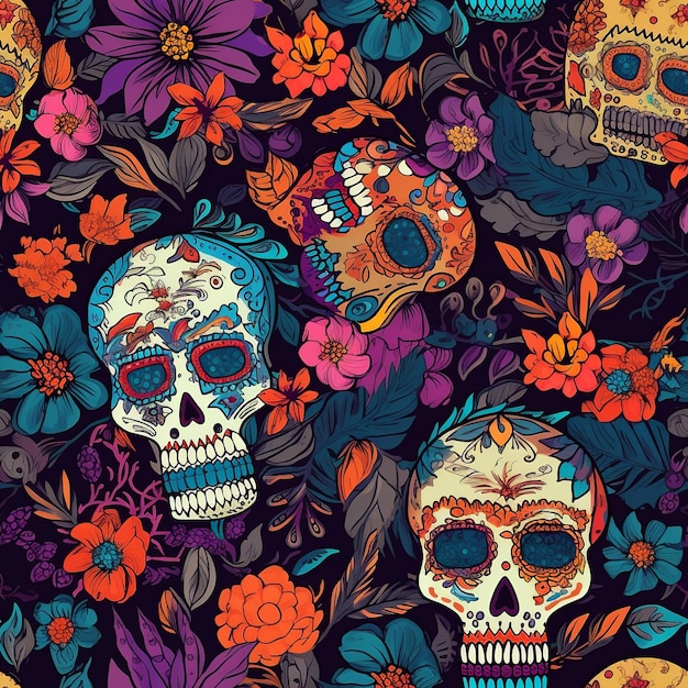 Répétition du motif Dia de los Muertos avec des fleurs multicolores de crânes et des éléments traditionnels