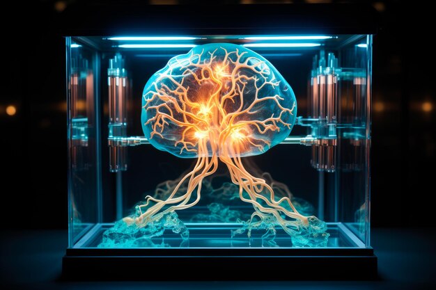 réplique dans un laboratoire scientifique sombre d'un cerveau humain placé dans une vitrine