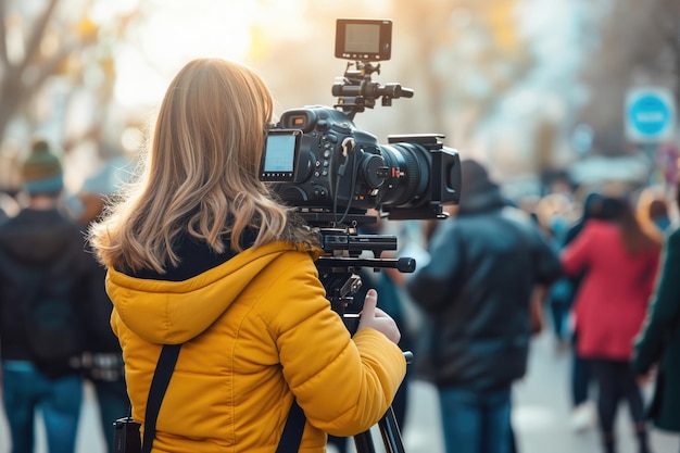 Reporter de télévision en direct en plein air livrant des nouvelles capturant l'essence du journalisme