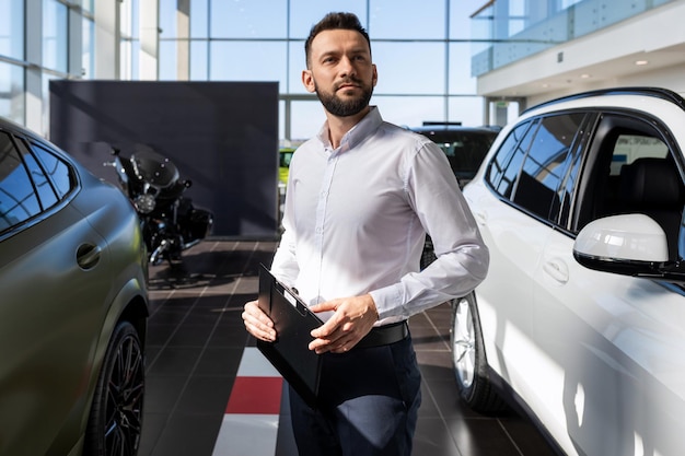 Représentant d'un concessionnaire automobile avec une tablette dans les mains parmi les voitures neuves