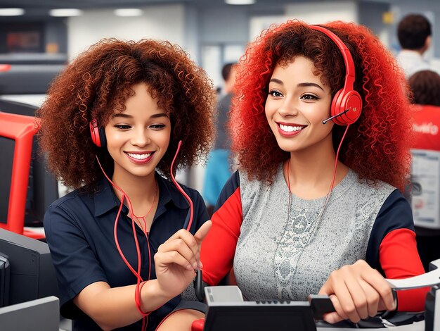 Un représentant du service à la clientèle aux cheveux bouclés portant un casque rouge vif AI_Generated