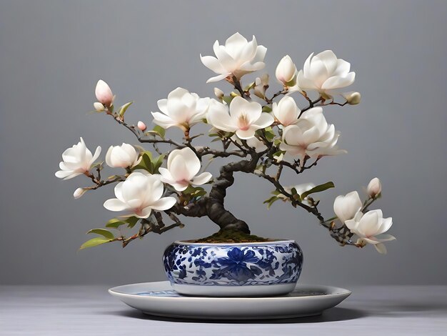 Photo représentant un magnifique magnolia bonsai avec des fleurs blanches qui fleurissent doucement sur la céramique