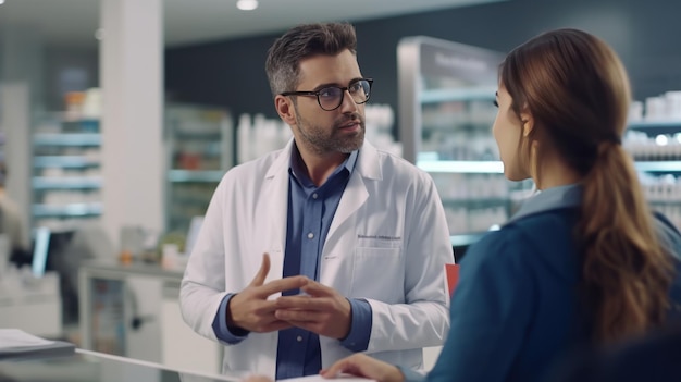 Photo représentant des ventes pharmaceutiques parlant avec le médecin dans le bâtiment médical représentante médicale ambitieuse présentant de nouveaux médicaments