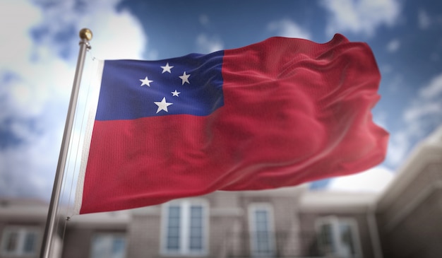 Photo représentation 3d du drapeau samoa sur le fond du bâtiment du ciel bleu