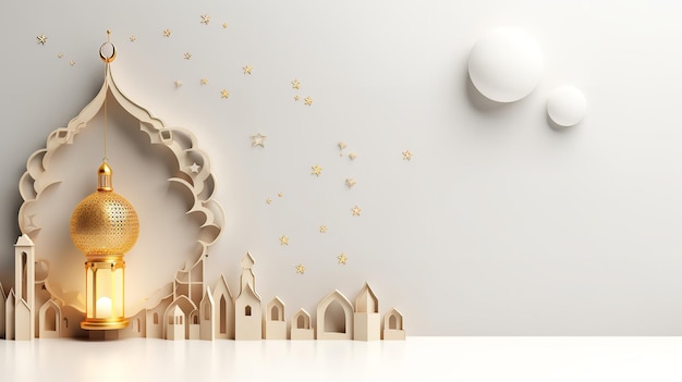Une représentation 3D du Ramadan avec un croissant de lune et une lanterne islamique dorée pour la salutation avec l'espace de copie AI générative