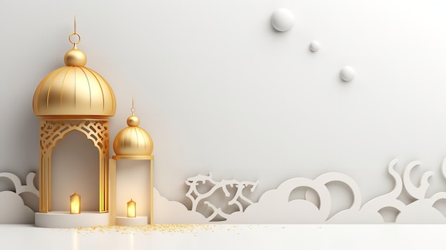 Une représentation 3D du Ramadan avec un croissant de lune et une lanterne islamique dorée pour la salutation avec l'espace de copie AI générative